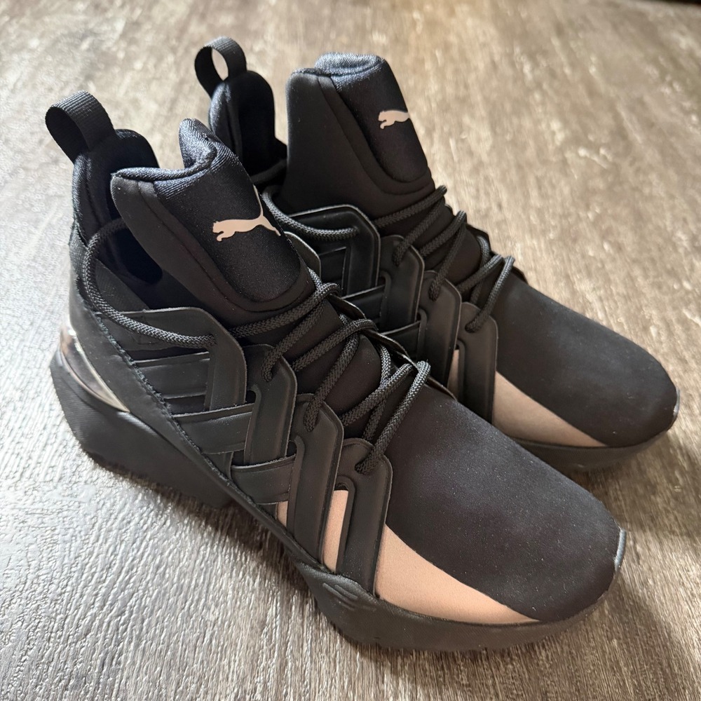 Puma Muse Echo Sneakers Women Size 8 Black Rose Gold Metallic Mid Top